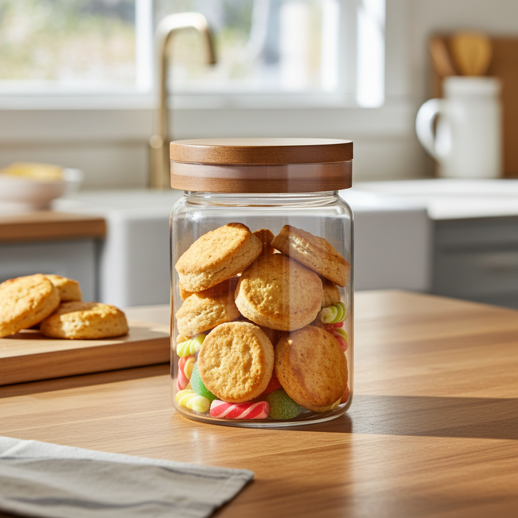 Barattolo Vetro con Coperchio Acacia 700ml 13cm - Contenitore Cucina