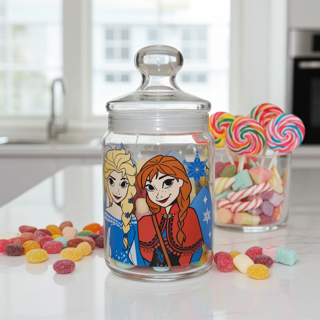 Barattolo Vetro Decorato Frozen Anna Elsa 20cm - Contenitore Disney