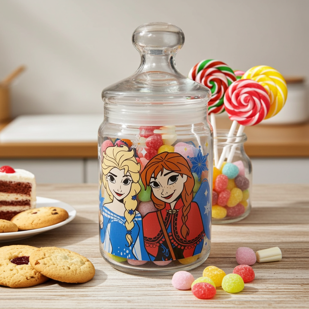 Barattolo Vetro Decorato Frozen Anna Elsa 20cm - Contenitore Disney