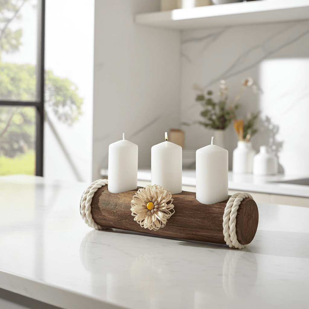 Tronchetto Portacandele Legno Naturale Artigianale - Rustico Country - GrazieGio