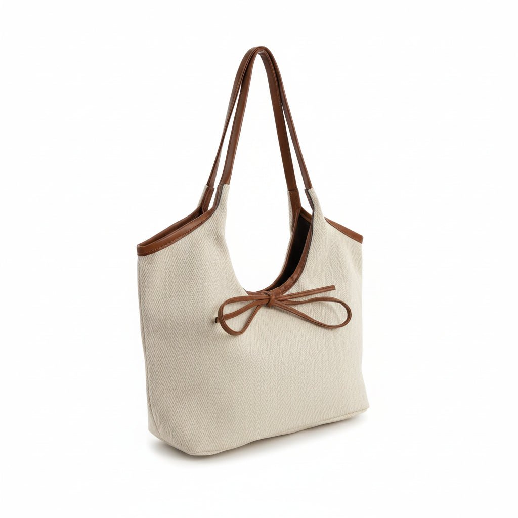 Borsa Shopper in Canvas con Dettagli in Pelle e Fiocco - GrazieGio - GrazieGio
