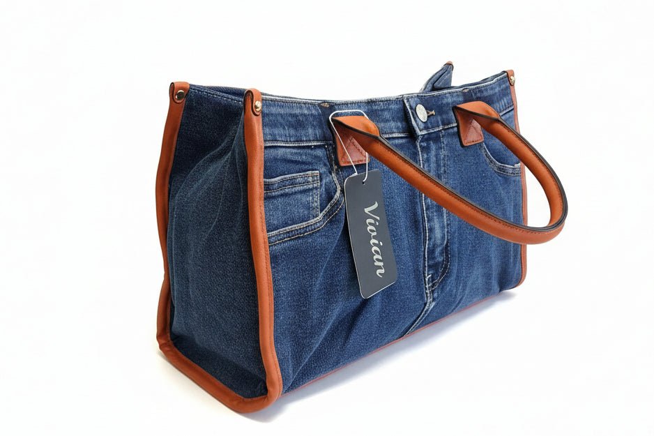 Borsa in Denim Stile Jeans con Manici in Cuoio - GrazieGio - GrazieGio