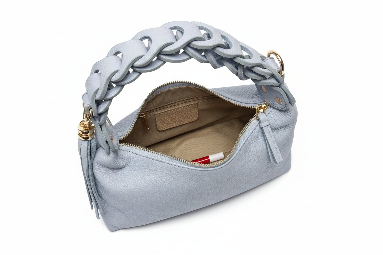 Borsa in Vera Pelle Martellata con Nappina e Manico Intrecciato - GrazieGio - GrazieGio