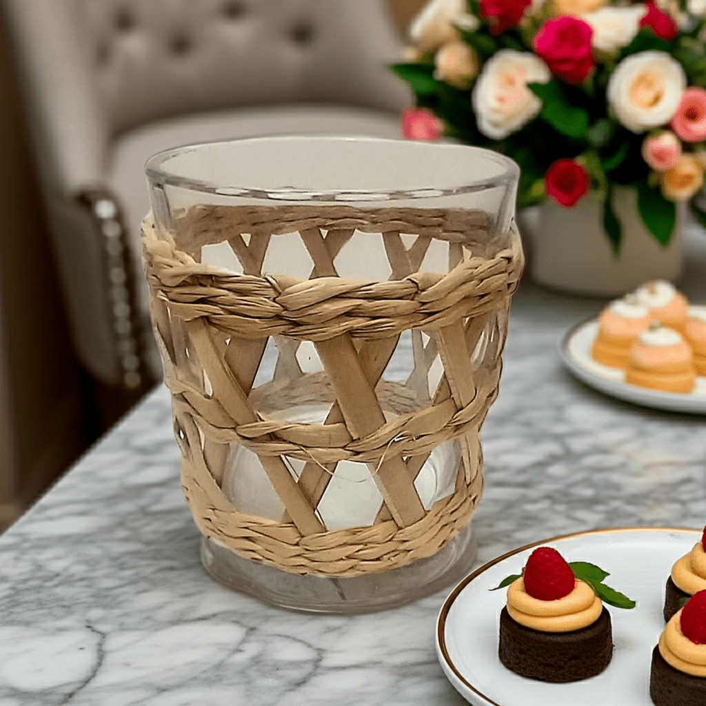 Portacandele Vetro con Rivestimento Vimini 10cm - Stile Naturale Boho - GrazieGio