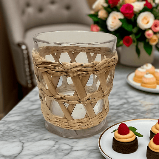 Portacandele Vetro con Rivestimento Vimini 10cm - Stile Naturale Boho - GrazieGio