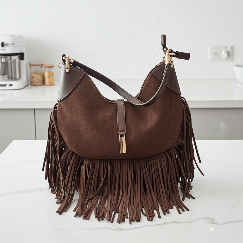 " Borsa Hobo in Pelle Scamosciata con Frange "- Ale-Max - GrazieGio