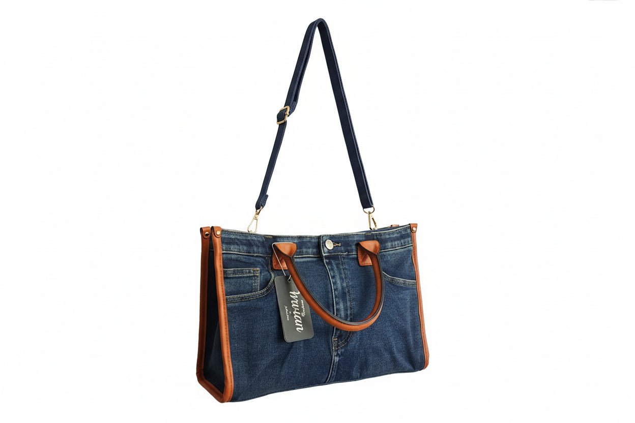 Borsa in Denim Stile Jeans con Manici in Cuoio - GrazieGio - GrazieGio
