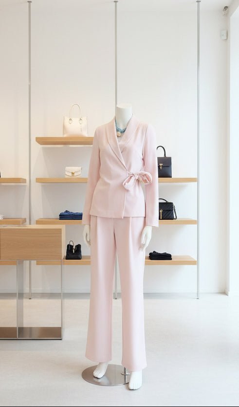 Tailleur Rosa Pastello con Giacca Avvolgente e Pantaloni a Palazzo - GrazieGio