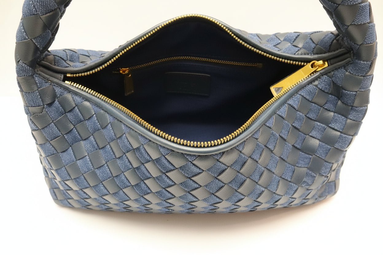 Borsa Intrecciata Blu Navy e Denim - Ecopelle con Fodera Velluto - GrazieGio