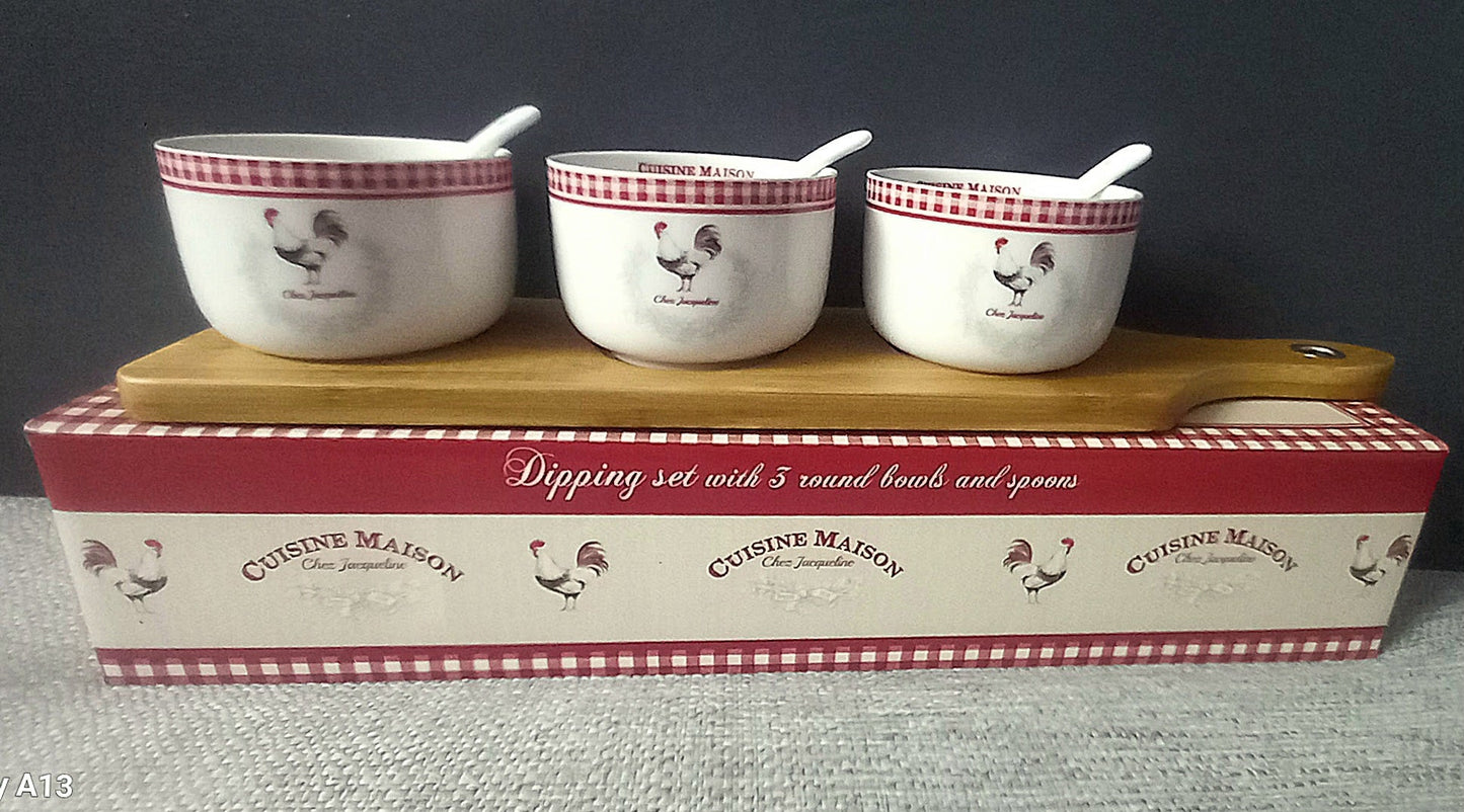 Set 3 Ciotole Porcellana con Cucchiaini e Vassoio Bamboo 37cm - GrazieGio