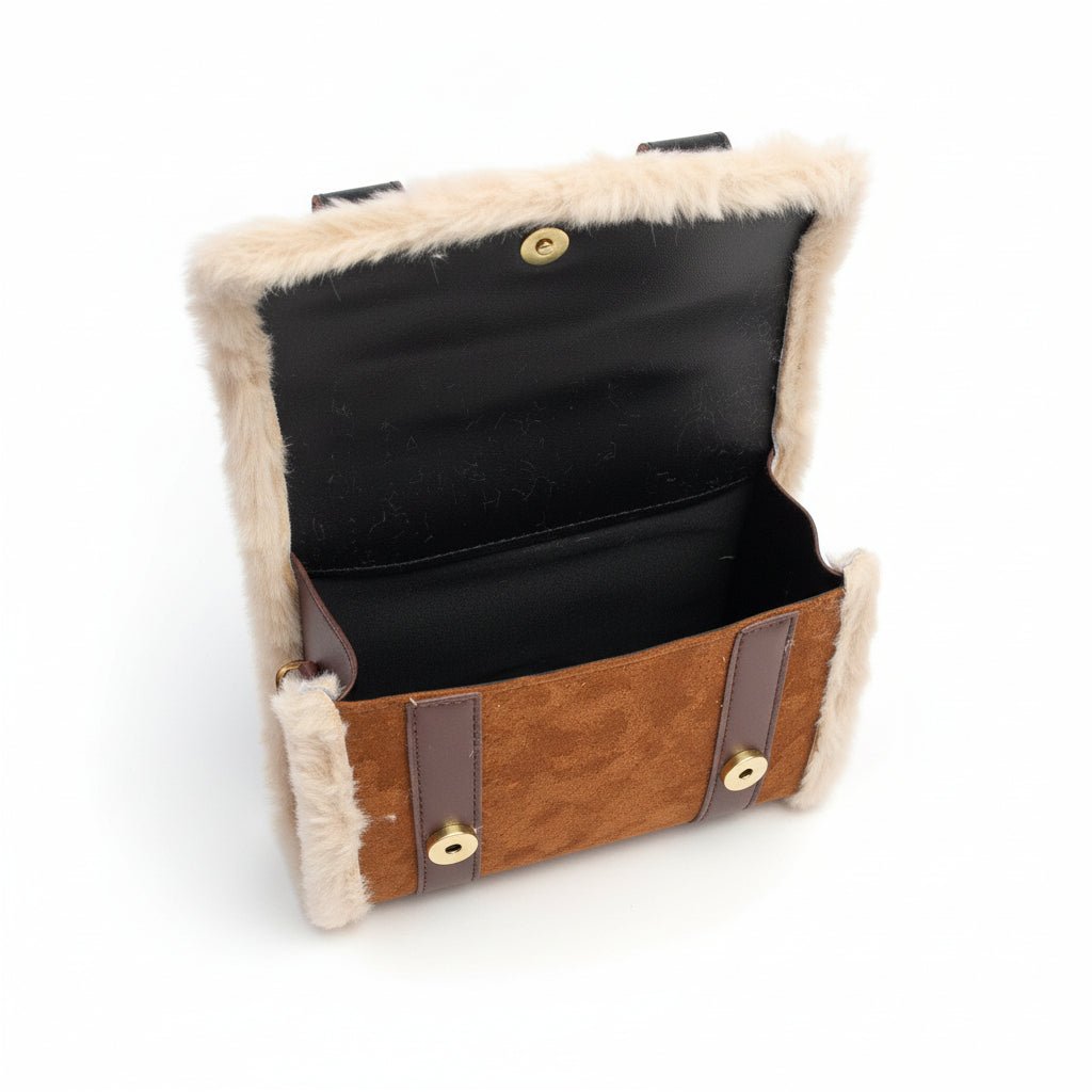 Pochette Vintage in Ecopelle Scamosciata con Bordi in Pelliccia - GrazieGio - GrazieGio