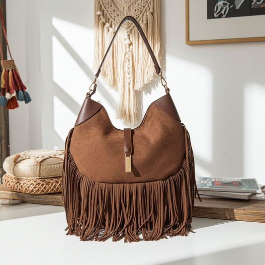 "Borsa Hobo in Pelle Scamosciata con frange - vista frontale " - GrazieGio