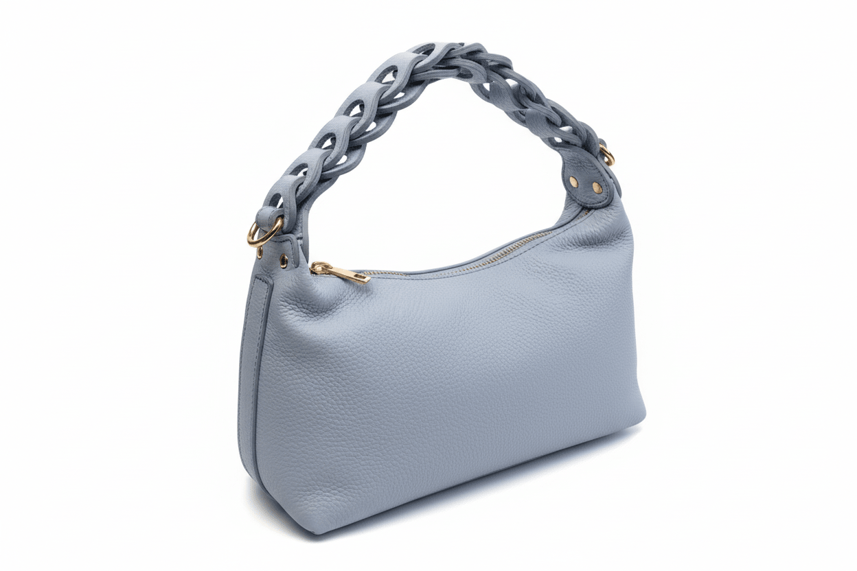 Borsa in Vera Pelle Martellata con Nappina e Manico Intrecciato - GrazieGio - GrazieGio