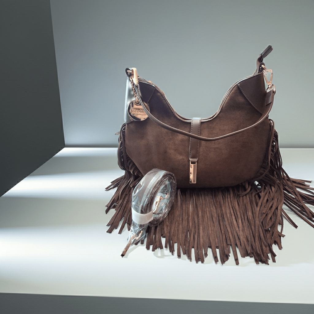 " Borsa Hobo in Pelle Scamosciata con Frange - vista frontale appoggiata con tracolla " Alex-Max - GrazieGio