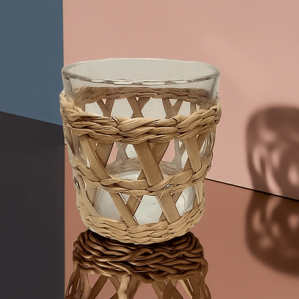 Portacandele Vetro con Rivestimento Vimini 10cm - Stile Naturale Boho - GrazieGio