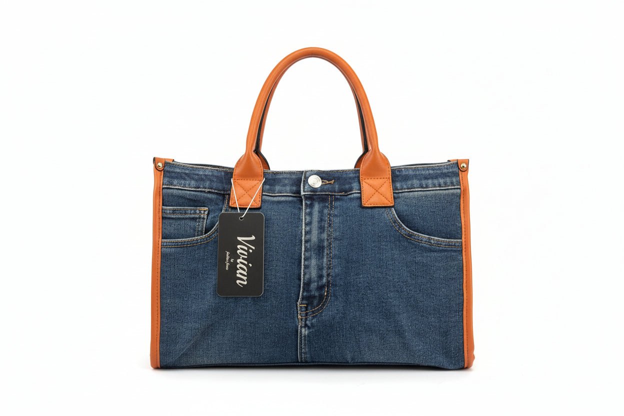 Borsa in Denim Stile Jeans con Manici in Cuoio - GrazieGio - GrazieGio