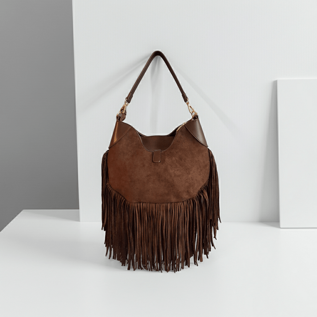 " Borsa Hobo in pelle scamosciata con frange - vista posteriore " - GrazieGio