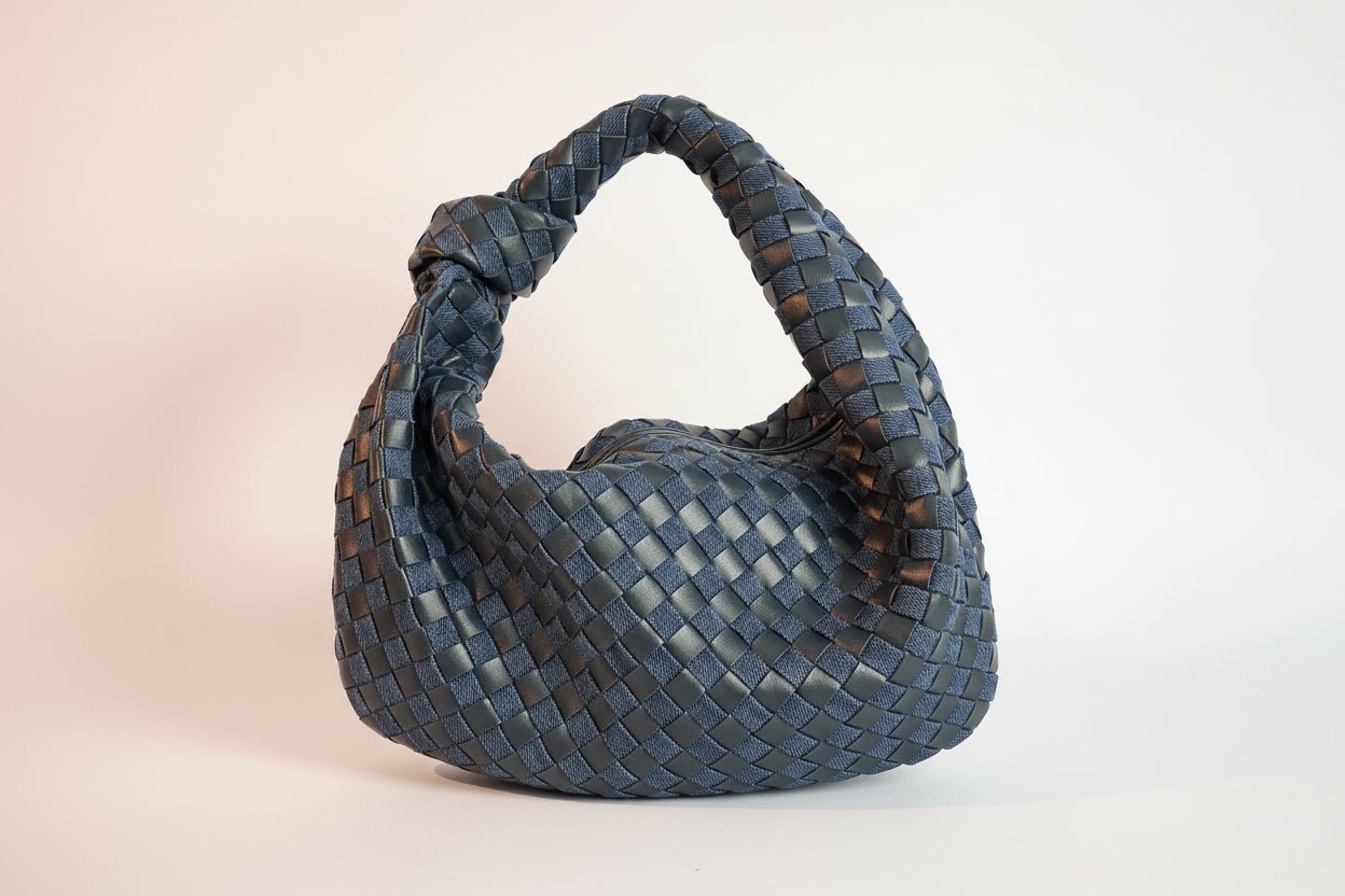 Borsa Intrecciata Blu Navy e Denim - Ecopelle con Fodera Velluto - GrazieGio