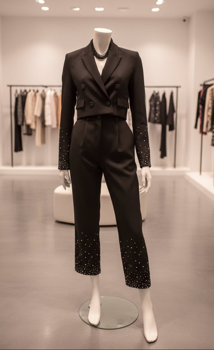 Tailleur Nero Luxury con Applicazioni di Strass e Giacca Cropped - GrazieGio