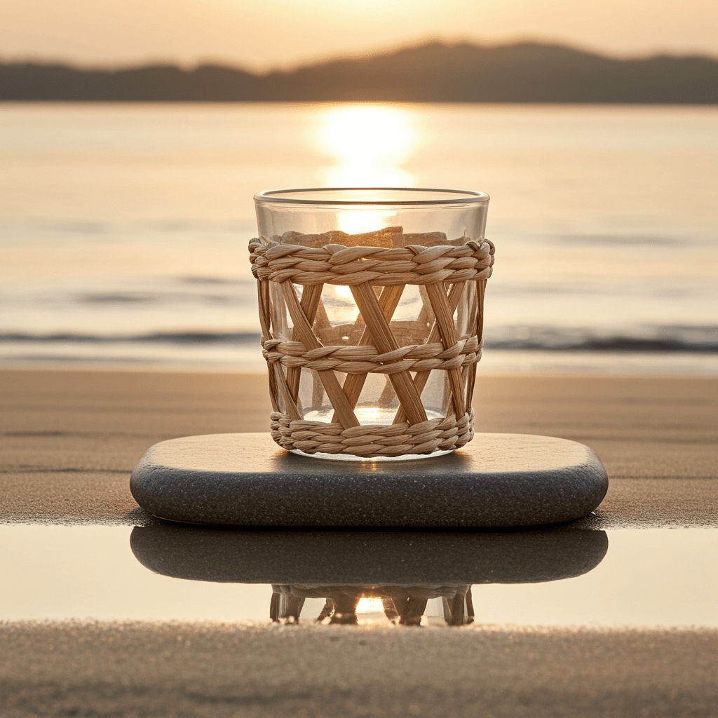 Portacandele Vetro con Rivestimento Vimini 10cm - Stile Naturale Boho - GrazieGio